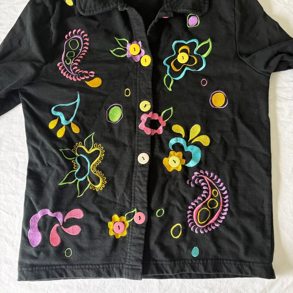Onque Casuals Black Cotton Embroidered Floral Paisley Button Front Jacket Small - Picture 6 of 11